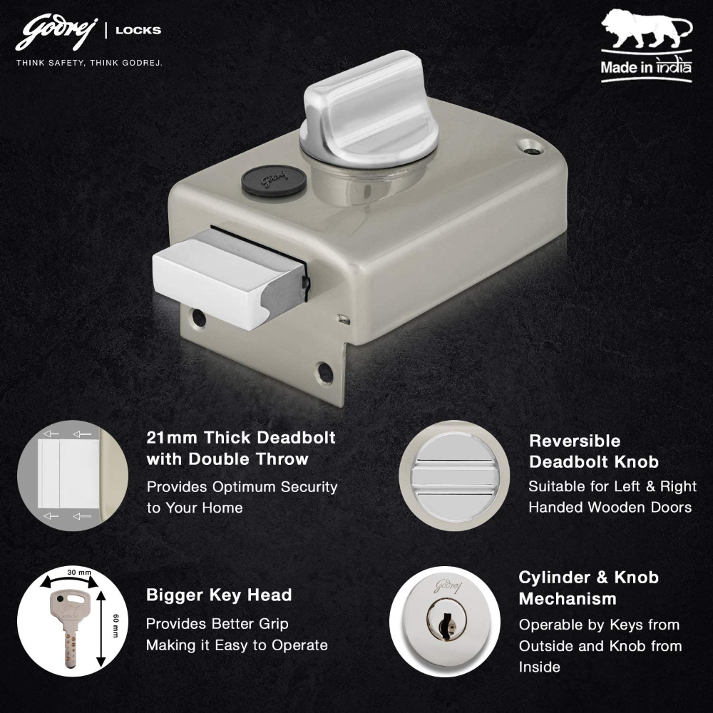 Godrej Rim Lock I Rim Deadbolt Ultra XL Plus I 1CK Deadbolt I For Inside Opening Wooden Main Door | Left or Right Handed Doors I 4 Keys I 5-Year Warranty I Manual Locking I Satin Nickel Finish